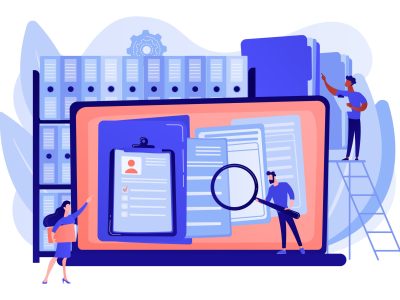 Organized archive. Searching files in database. Records management, records and information management, documents tracking system concept. Pink coral blue vector isolated illustration